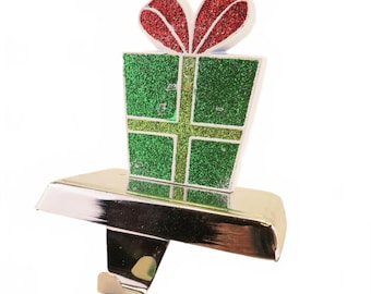 Enamel on Metal Glitter Green Gift Box Christmas Stocking Holder 5" tall Vintage