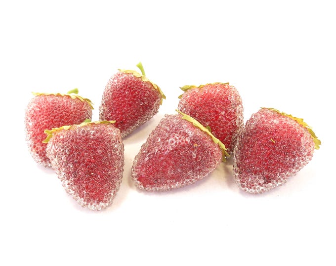 6 Vintage Beaded Sugar Red Strawberries2" Fruit Retro Fabulous Decor - Kitschy Decor 1950s Table Decor