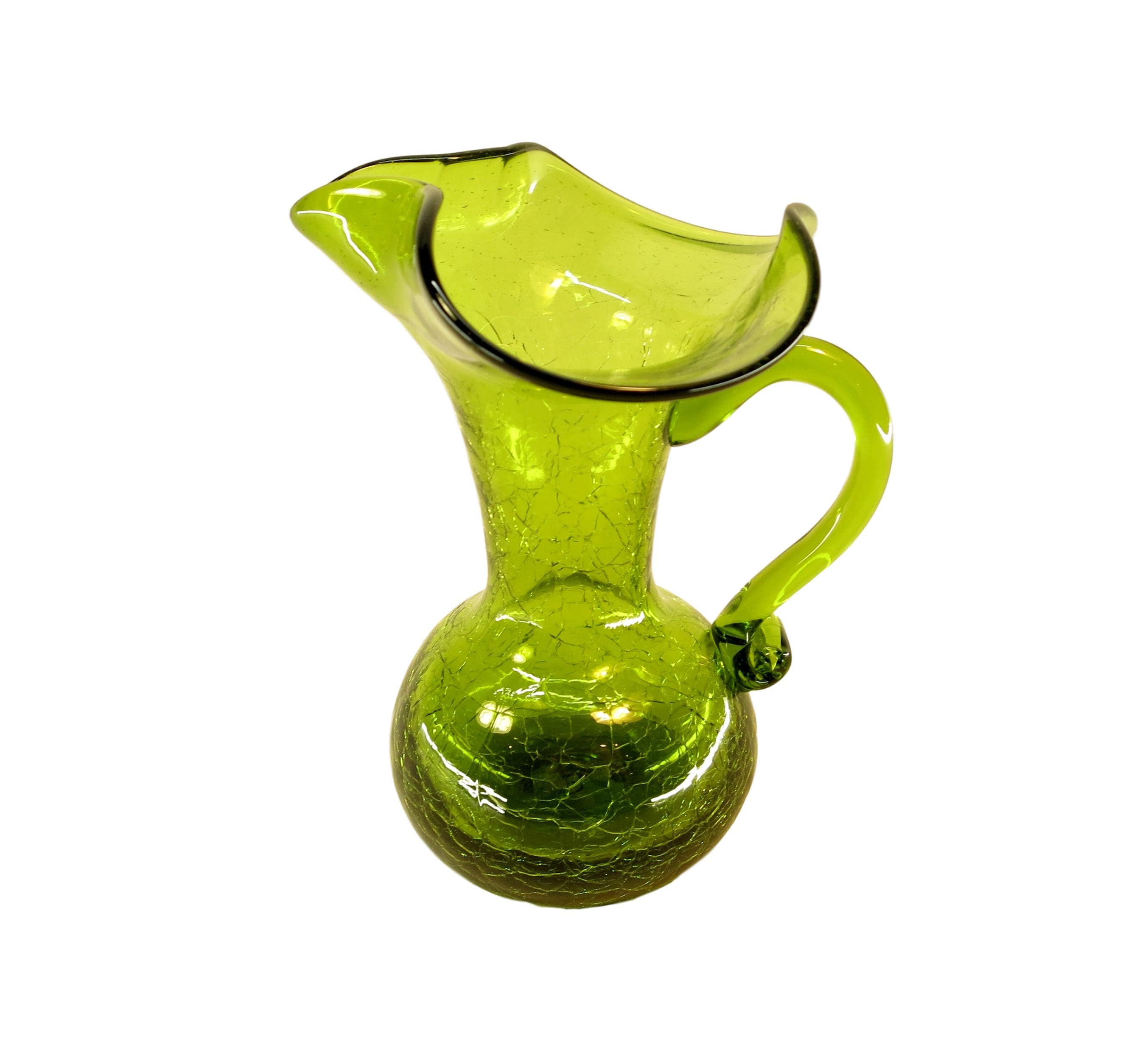 Vintage 1960's Rainbow #206 Green Glass Hand Blown Crackle Mini Glass  Pitcher