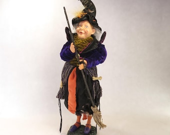 Halloween Vintage Witch with Broom 17.5" tall Velvet Acccents