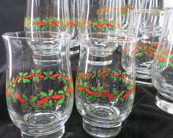 Set of 12 Vintage Christmas Glasses with Red Green Holly Band Gold Trim