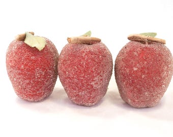 3 Vintage Beaded Sugar Red Apples 3.5" Fruit Retro Fabulous Decor - Kitschy Decor 1950s Table Decor