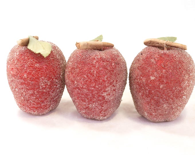 3 Vintage Beaded Sugar Red Apples 3.5" Fruit Retro Fabulous Decor - Kitschy Decor 1950s Table Decor