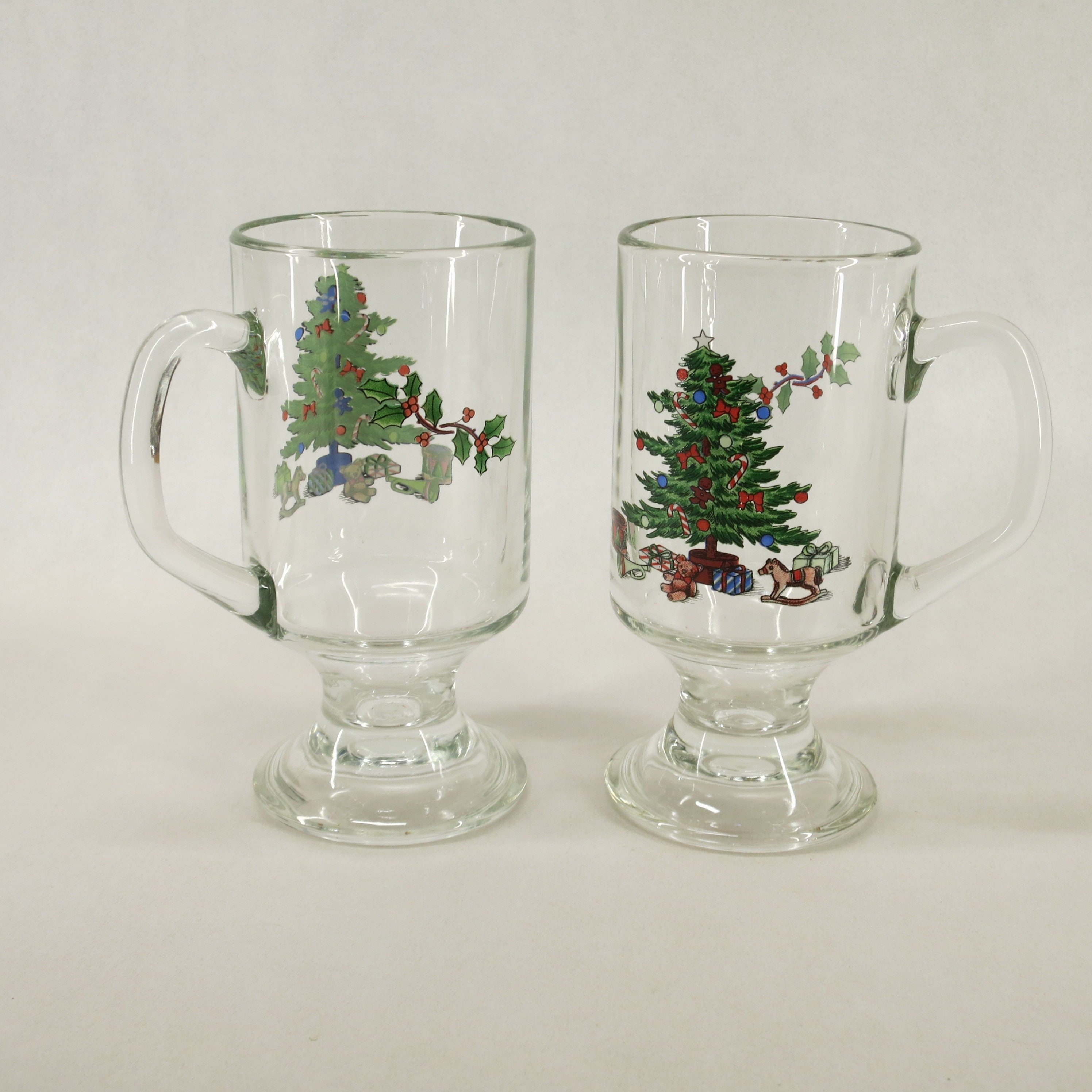 Luminarc Glassware Vintage Christmas Tree Glass Mugs with Festive Holly Accents Set of 2