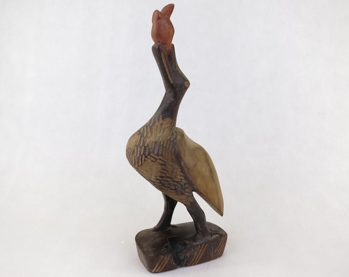 Vintage Hand Carved Wood Bird Eating Fish From South America
