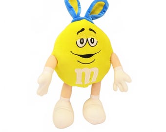 M&M Large Yellow Plush w/ Blue Bunny Ears Free Standing Easter 13" Tall