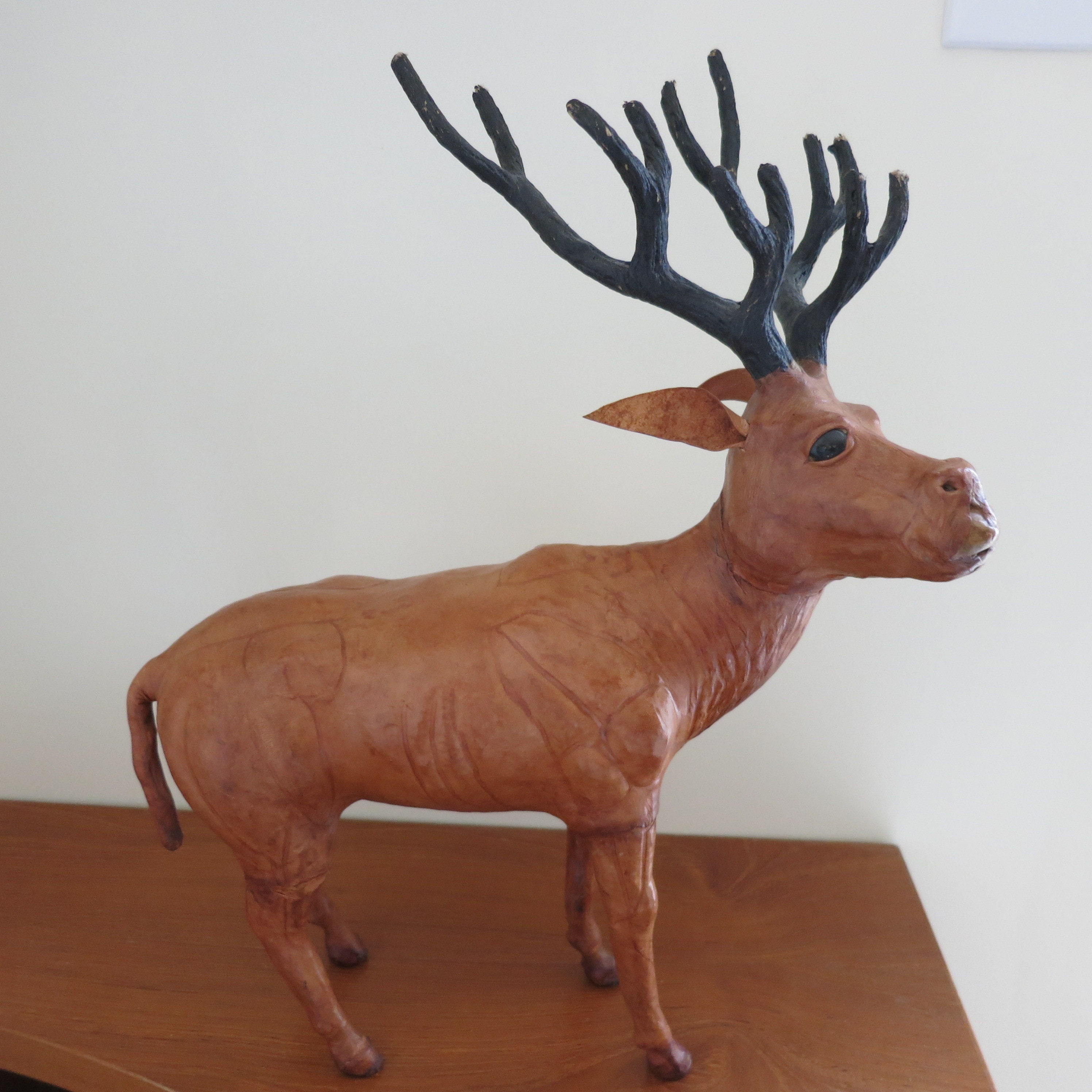 Leather Covererd Deer Buck Elk Figurine Statue with Glass Eyes