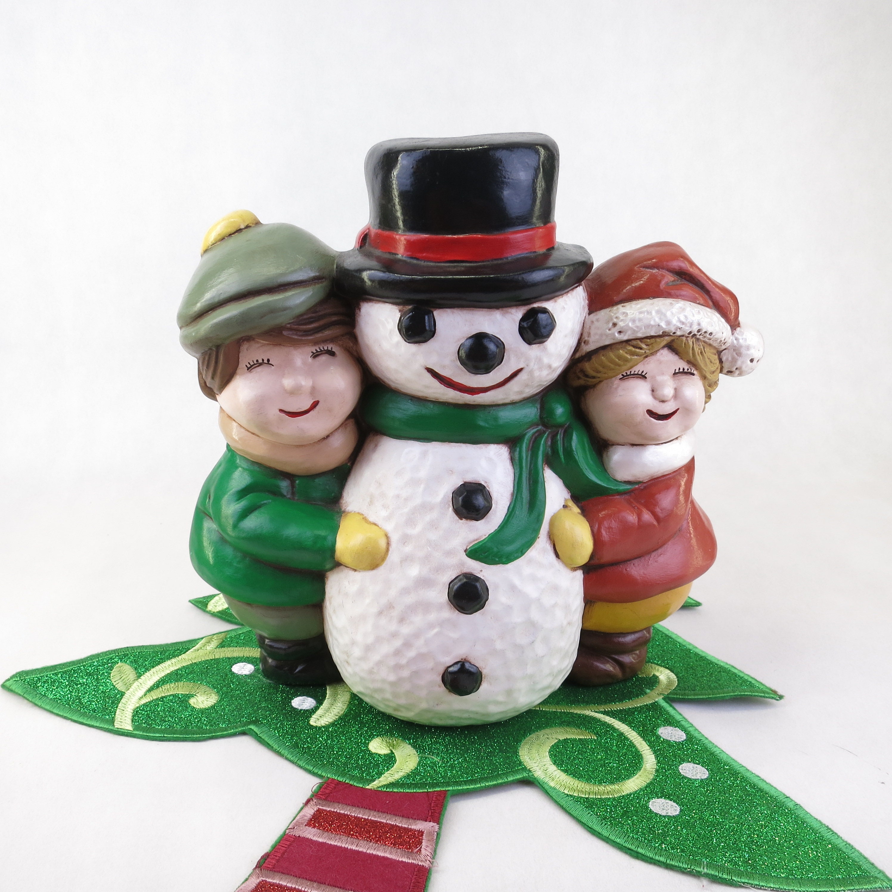 Large Vintage Ceramic Snowman Statue with Children 10 Tall 1970's