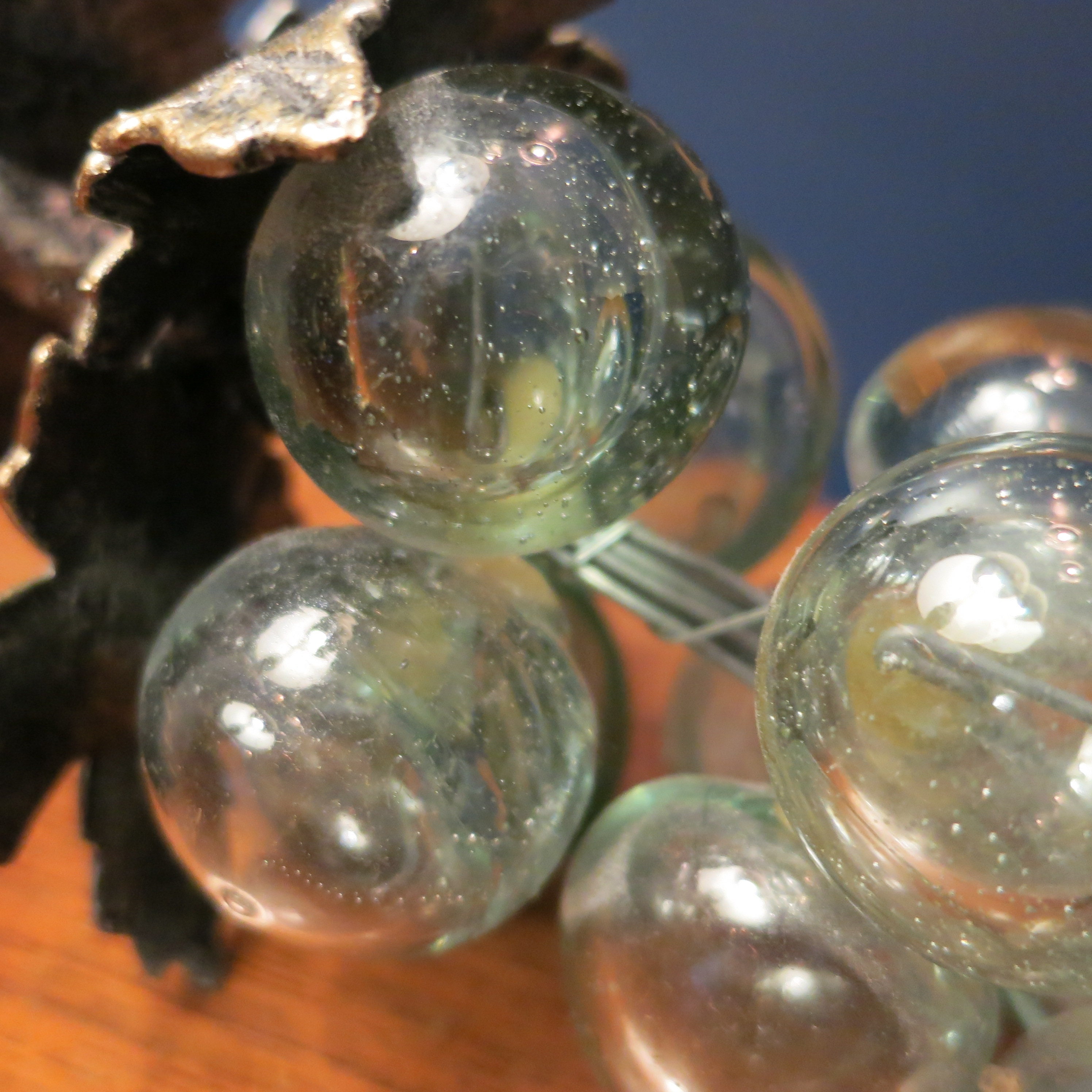 Vintage Clear Glass Grapes Bunch with Metal Leaf Accents Blown Glass