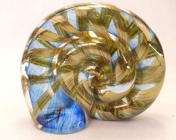 Distinctive Art Glass Blue Gold & Clear Cased Glass Nautilus Shell Paperweight