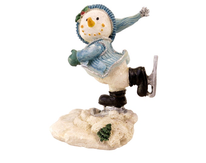Cheerful Snowman in Coat and Hat on Skates Vintage Snowman Figure 4.5" Tall