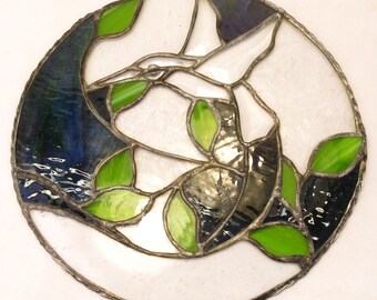 Vintage Stained Glass Hummingbird with Leaves Window Hanging Hand Made