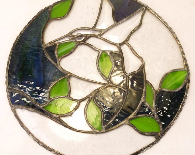 Vintage Stained Glass Hummingbird with Leaves Window Hanging Hand Made