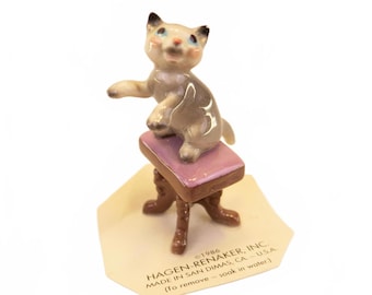 Retired Hagen Renaker Cat on Piano Stool Grey Vintage 1986