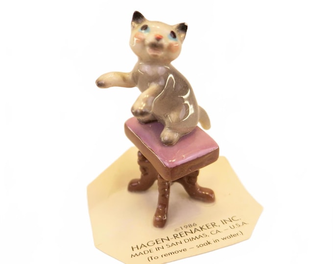 Retired Hagen Renaker Cat on Piano Stool Grey Vintage 1986