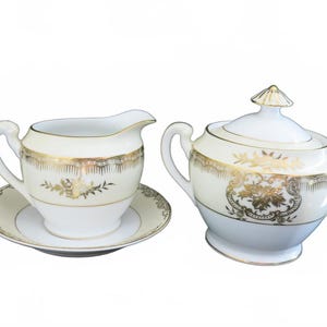 4 Piece Noritake Creamer & Sugar Set Vintage Gold Off White Ornate Pattern