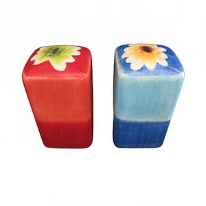 Vintage Flower Power Themed Salt & Pepper Shakers Blue/Red