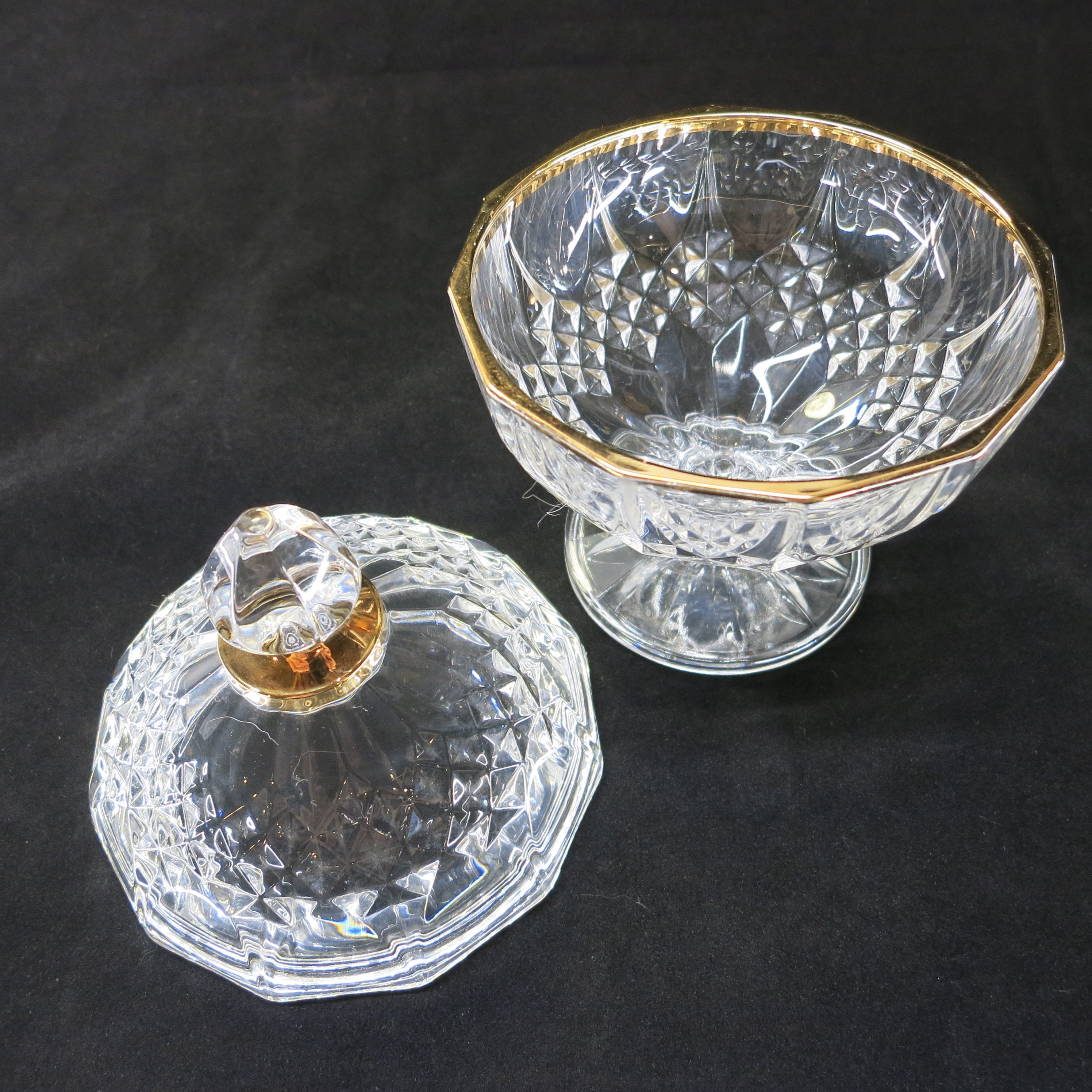 Vintage Clear Crystal Prescut Candy Dish Pressed Glass Covered Bowl Gold Trim