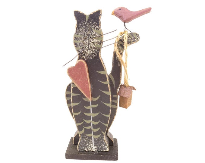 Vintage Wood Block Cat with Red Heart and Metal Whiskers 4.25"