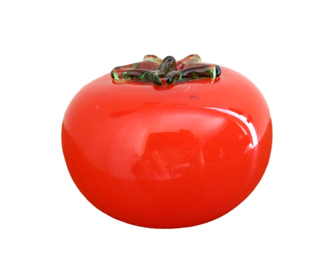 Vintage Murano Blown Glass Red Tomato Green Stem - Glass Fruit
