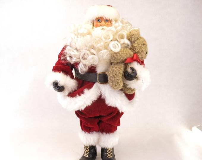 Vintage Santa Claus Doll 15" Tall Holding Teddy Bear