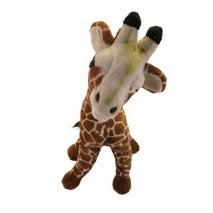 May include: A plush giraffe toy with a brown and white spotted pattern on its body. The giraffe has a white face, brown ears, and black tips on its horns. The toy is designed to look like a real giraffe.