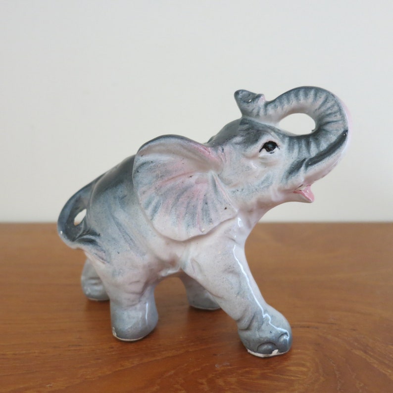 Grey Vintage Ceramic Elephant Figurine Raised Trunk Kitschy Etsy