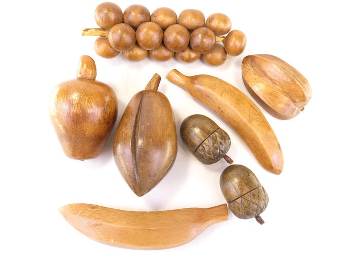 8 Piece Mid Century Modern Hand Carved Wood Fruit and Vegetables