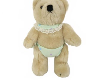 Vintage Baby Teddy Bear in Diaper and Bib Jointed Bear 8"