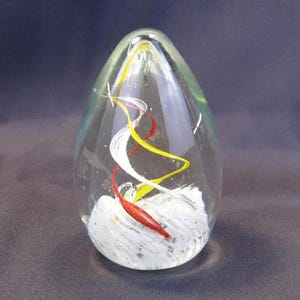 Blown Glass Egg Paperweight Stunning Yellow, Red and White Swirl