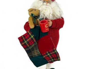 Vintage Santa Claus in Pajamas with Teddy, Blanket & Mug 15.5" Tall