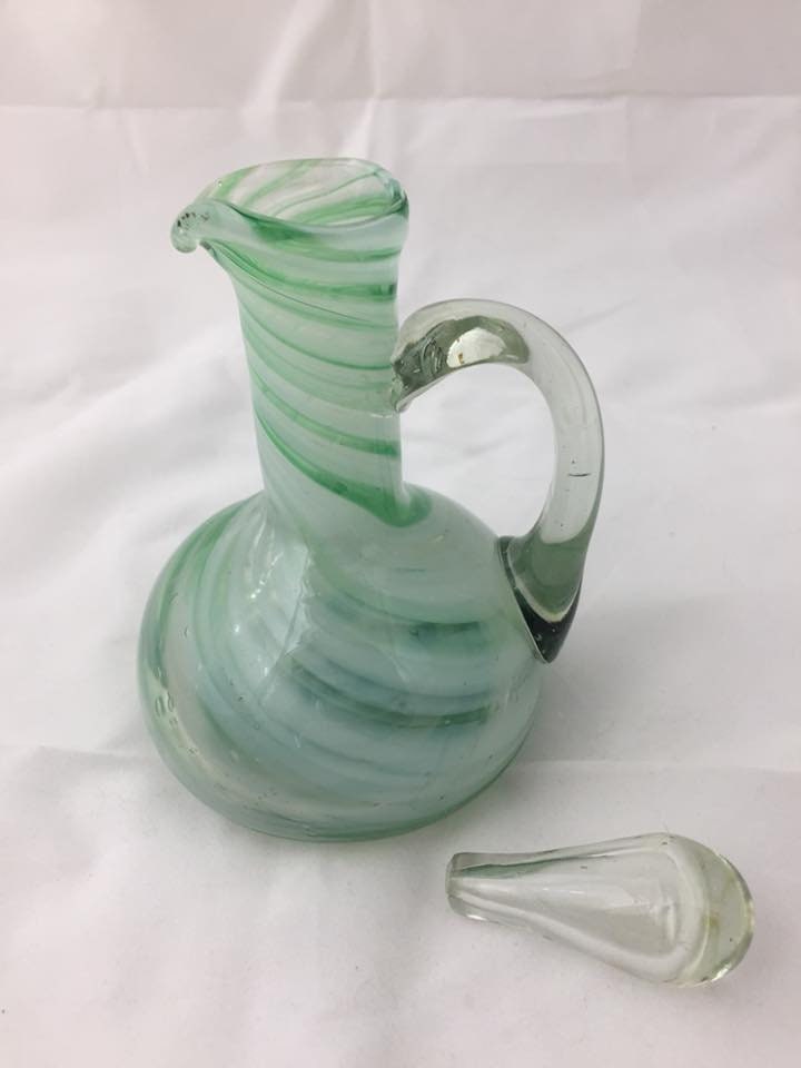 Vintage Blown Glass Green & White Oil/Vinegar Jar with Stopper