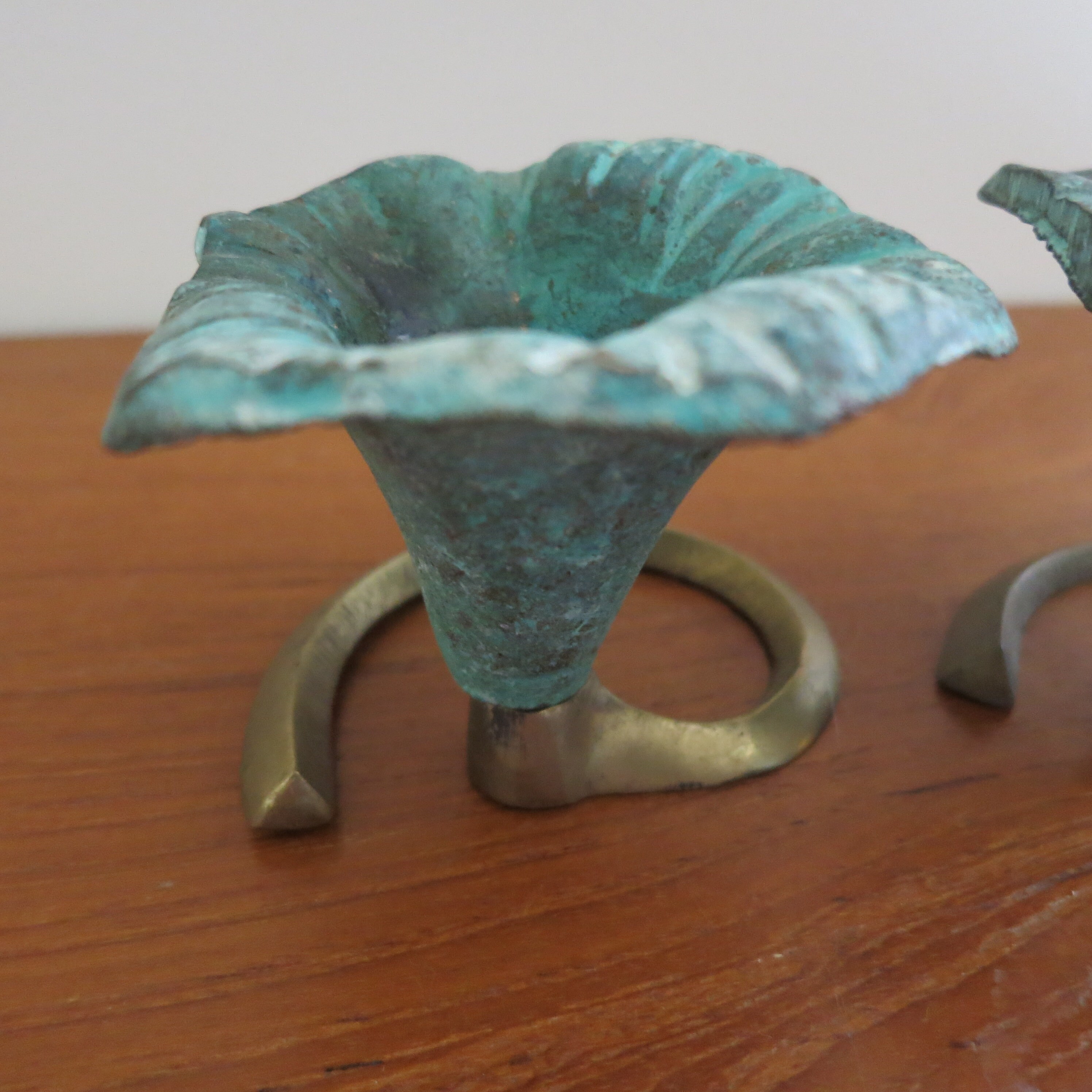 Pair of Solid Brass Flower Candle Holders India Vintage