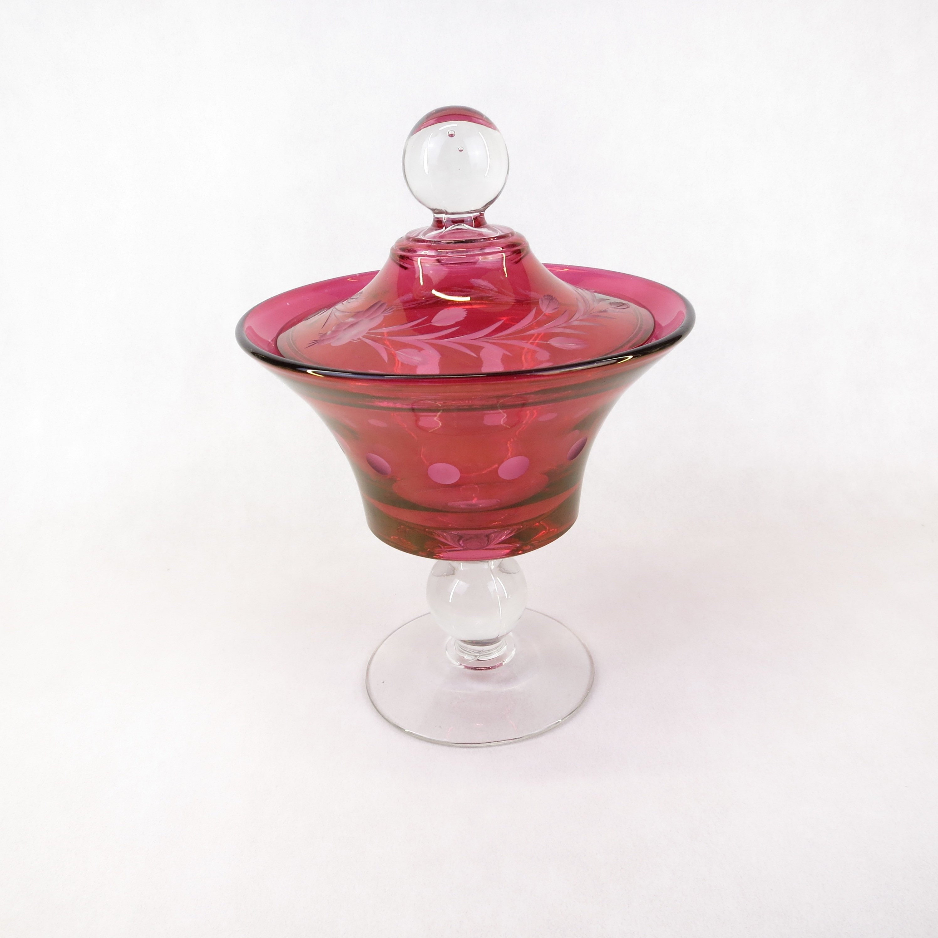 Paden City Glass Cut Red Clear Compote Pedestal Lidded ...
