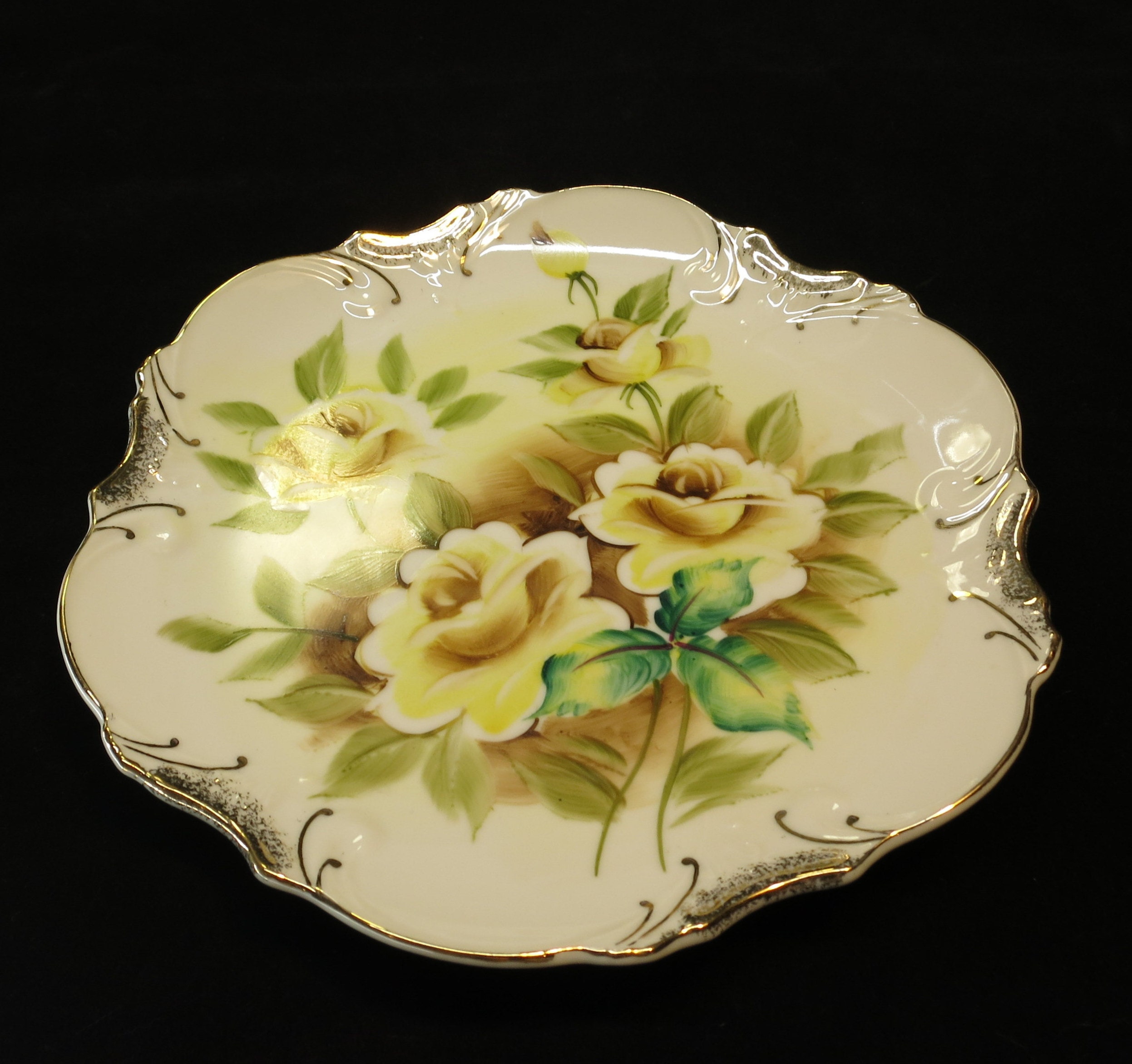 Vintage Hand Painted Bavaria China Plate with Yellow Roses Gold Trim