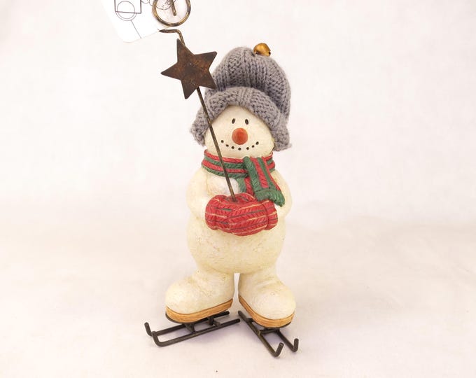 Vintage Snowman on Skates Photo Holder Figurine 6" Tall Holiday Decor