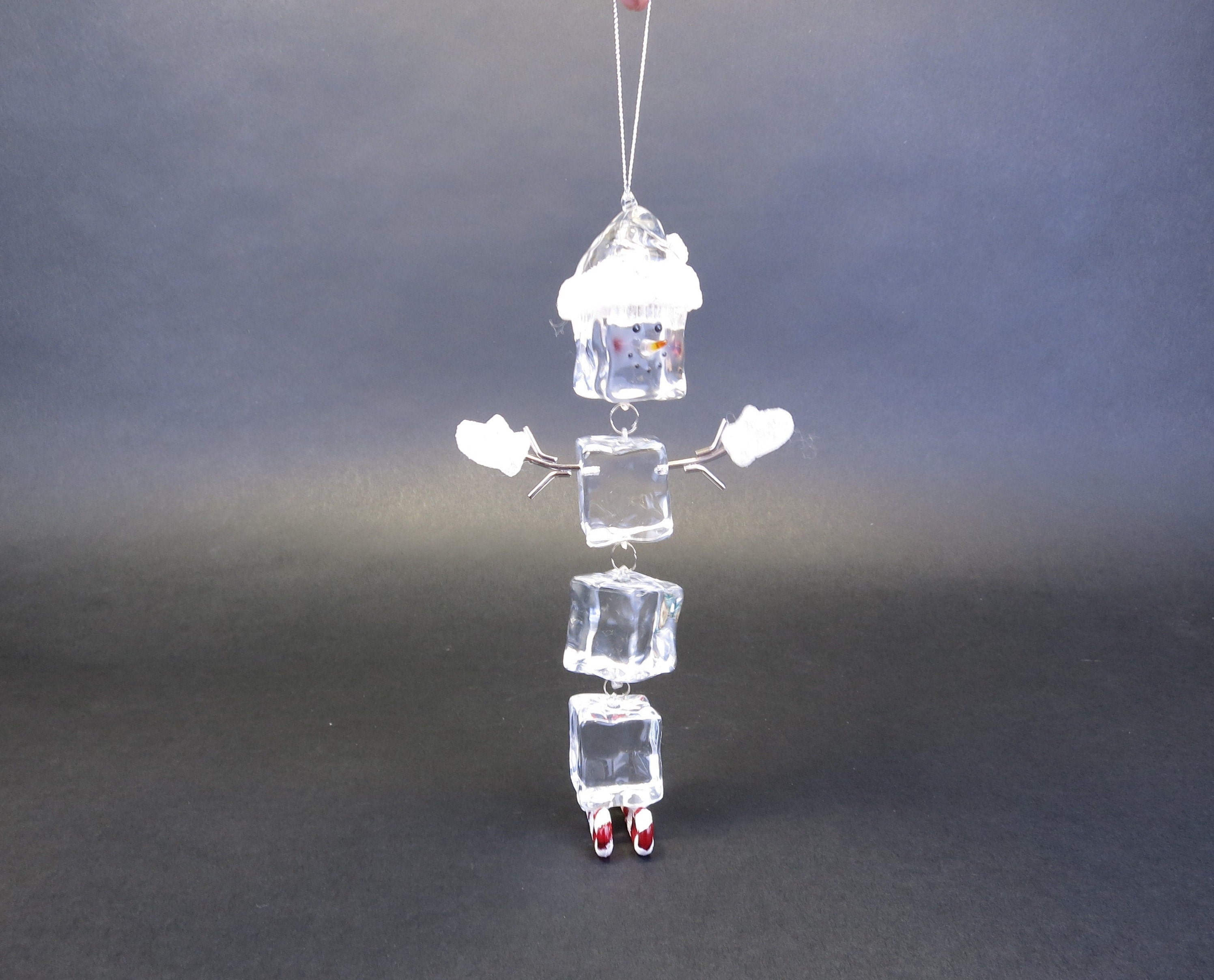 Vintage Clear Acrylic Ice Cube Snowman Dangle Christmas Ornament Graduated Cubes  Snowman With Bottle Brush Hat Holding Cardinal Dept. 56 