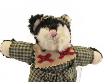 6" Vintage Boyds Plush Cat Ornament in Green Plaid Dress