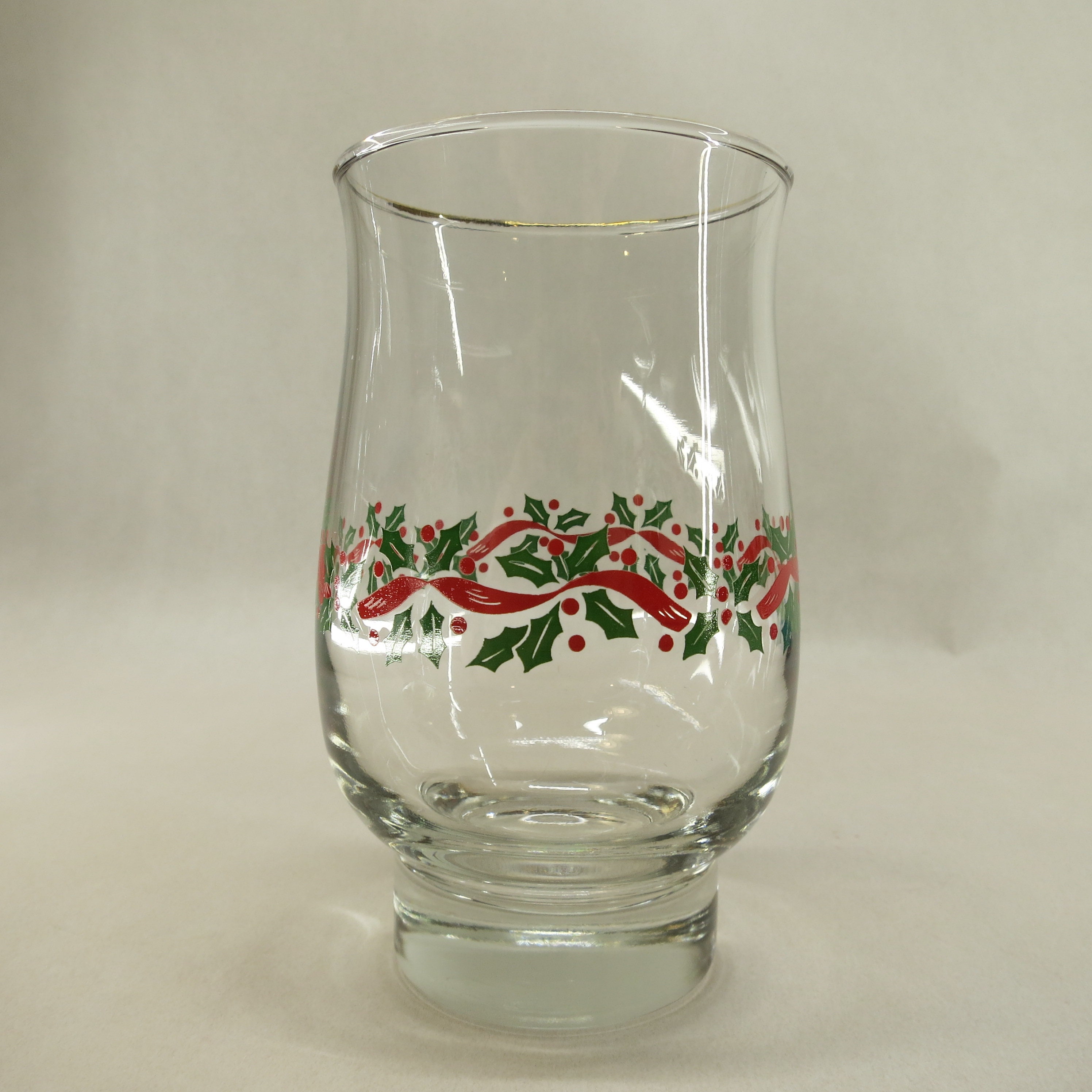 Set of 12 Vintage Christmas Glasses with Red Green Holly Band Gold Trim