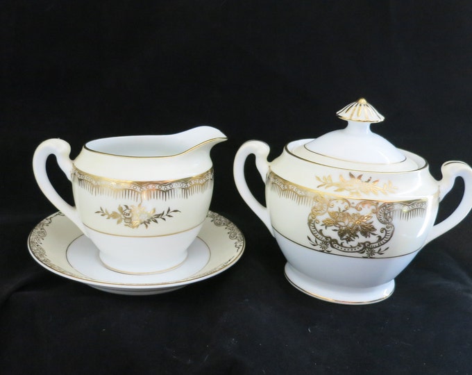 4 Piece Noritake Creamer & Sugar Set Vintage Gold Off White Ornate Pattern Floral