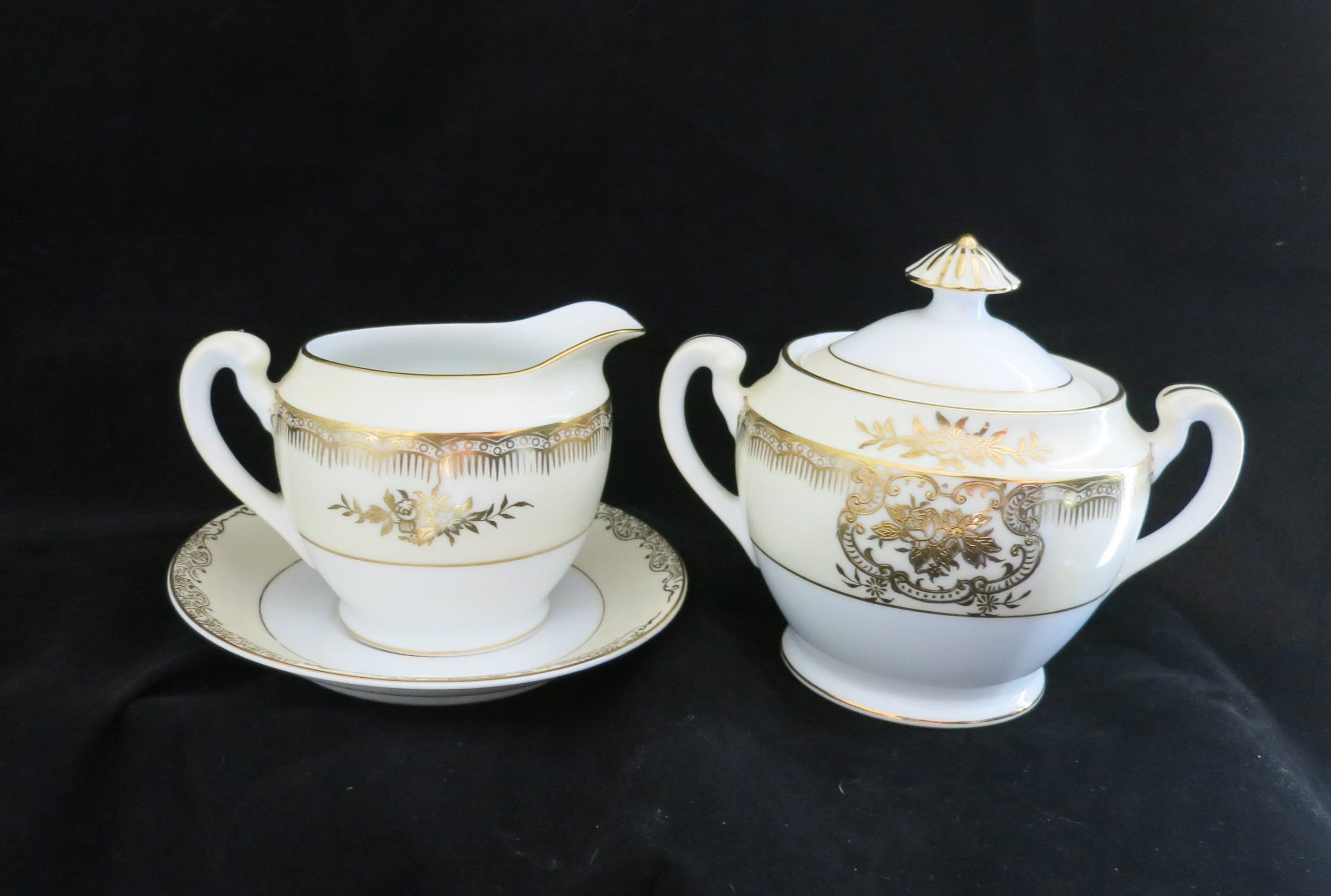 4 Piece Noritake Creamer & Sugar Set Vintage Gold Off White Ornate