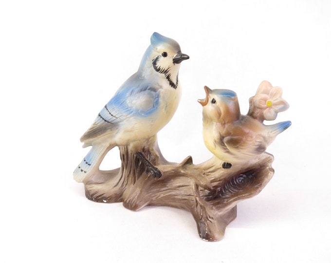 Vintage Tilso Japan Blue Jay Bird with Chick Figurine Ceramic Mid-Century Hand Painted