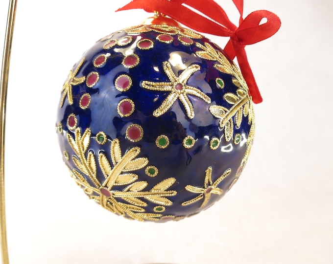 Vintage Cloisonne Christmas Ornament Blue with Starfish in Red Velvet Box