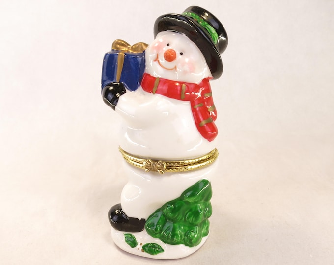 Cheerful Snowman Ceramic Hinged Trinket Box 4.65" Tall Vintage Christmas