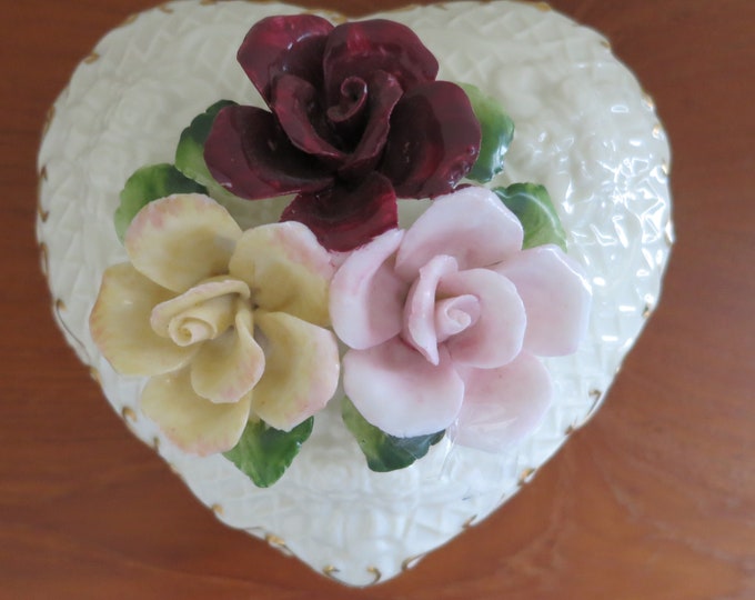 Vintage Applied Colorful Roses Floral Trinket Box Bone China