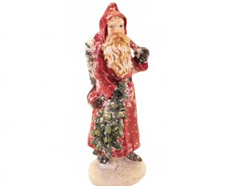 Vintage Glitter Old World Santa Figurine with Tree and Gift Basket 5"