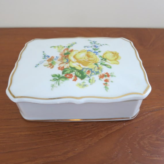 Vintage Yellow Roses Floral Trinket Box Bone Chin… - image 1