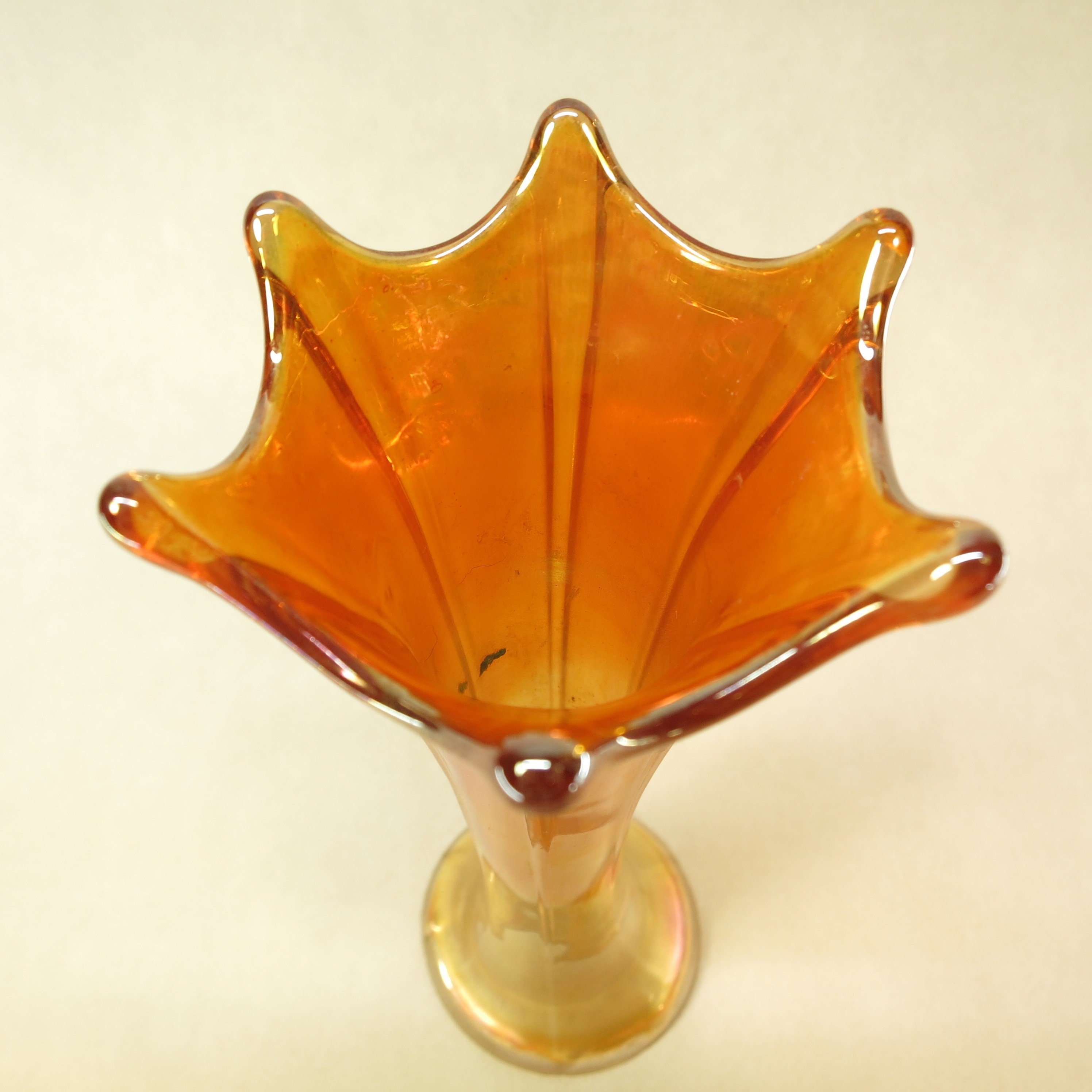 Vintage 8.5 Carnival Ribbed Marigold Iridescent Orange Swung Vintage Vase