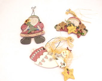 Set of 3 Folk Art Ornaments Santa & Angel