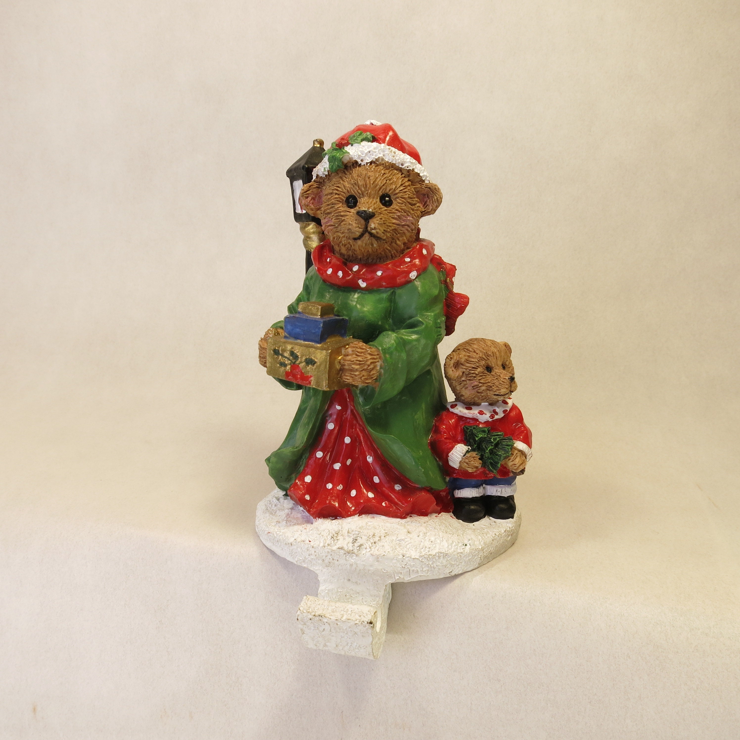 Vintage Christmas Bears with Lamp Post Stocking Holder, Resin with Iron